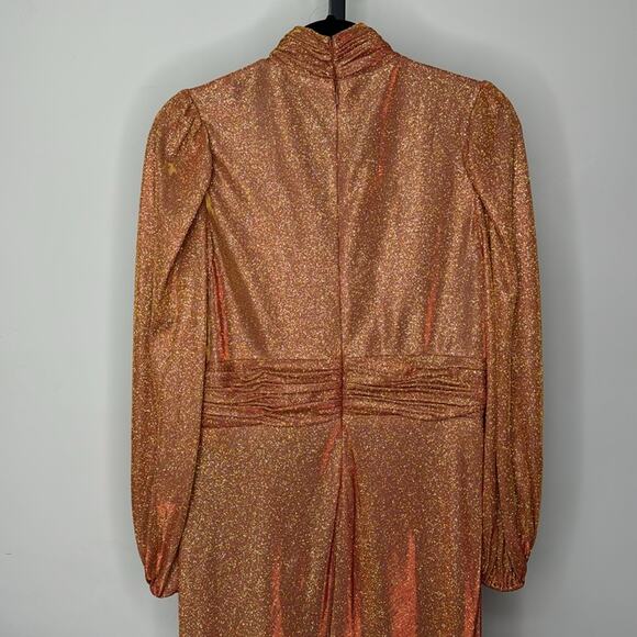 NWT IEENA for MAC DUGGAL 11248 Rust Draped Glitter High Neck Puff Sleeve Gown - Picture 9 of 12